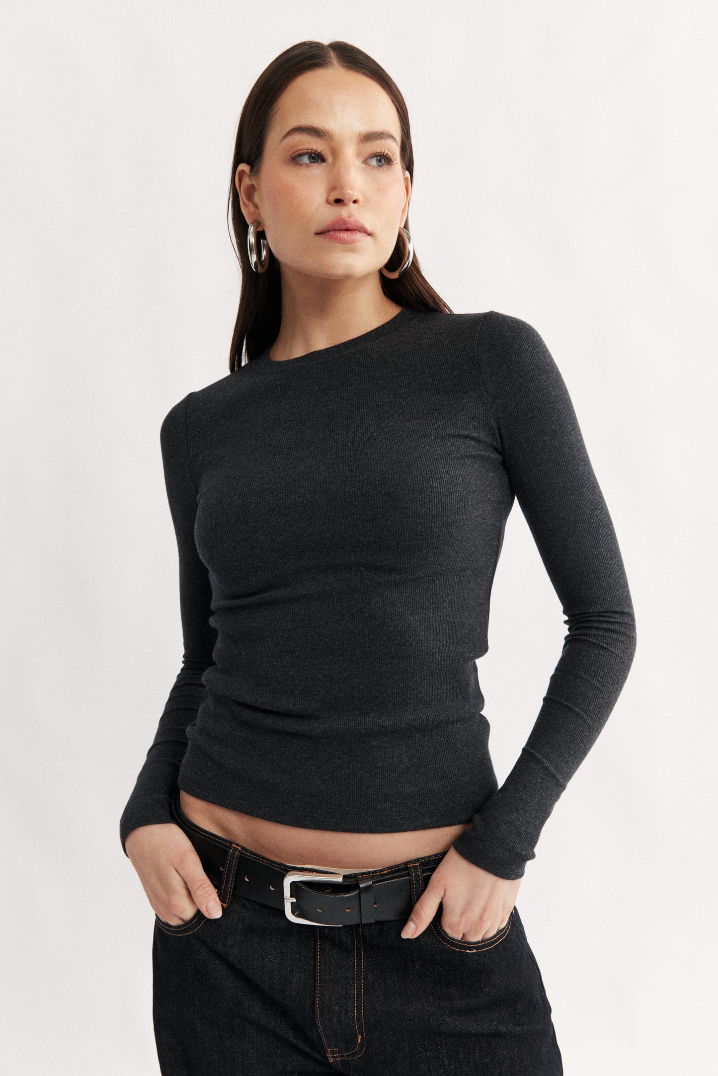 Carina Classic long sleeve top charcoal  marle cotton rib basic