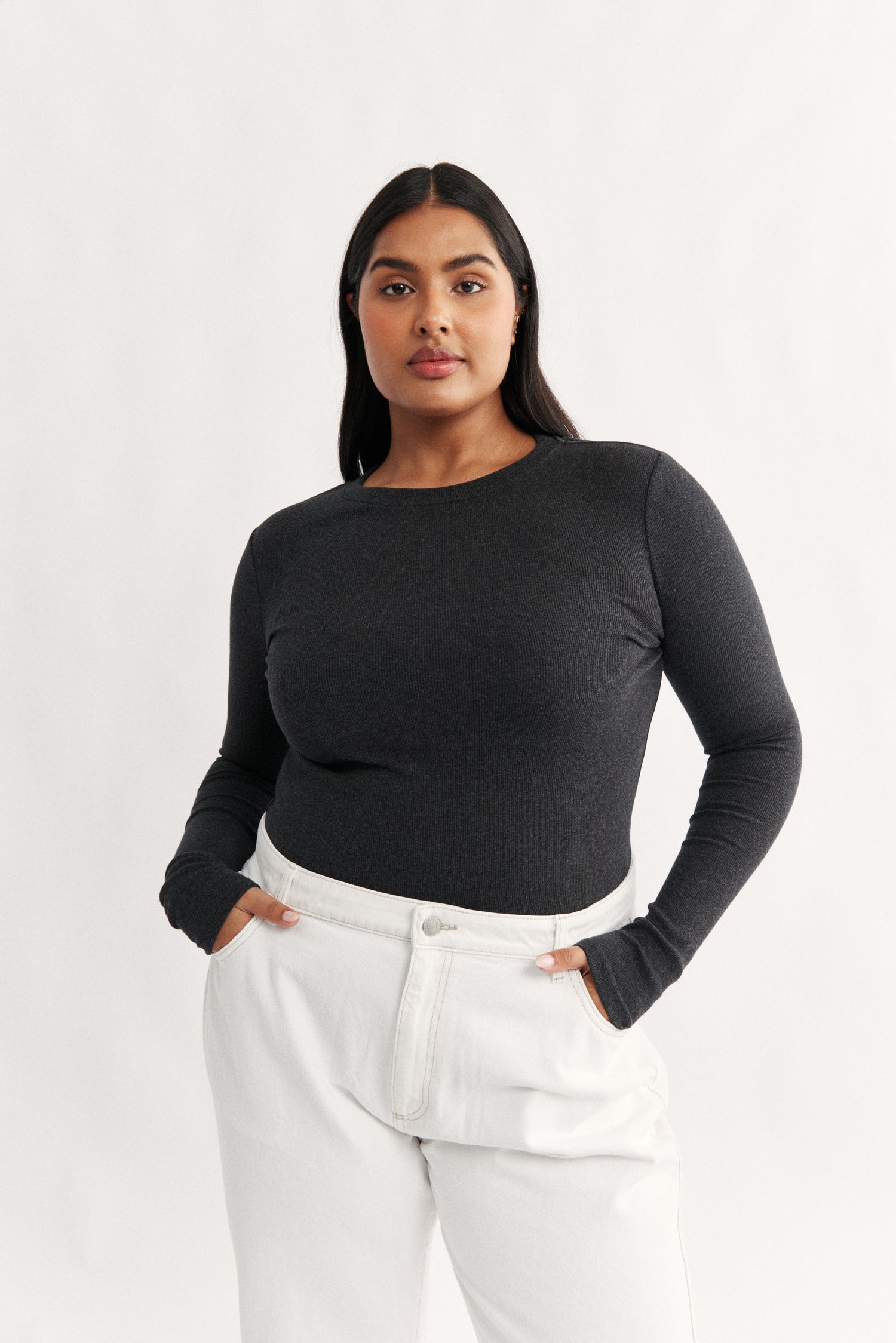 Carina Classic long sleeve top charcoal  marle cotton rib basic