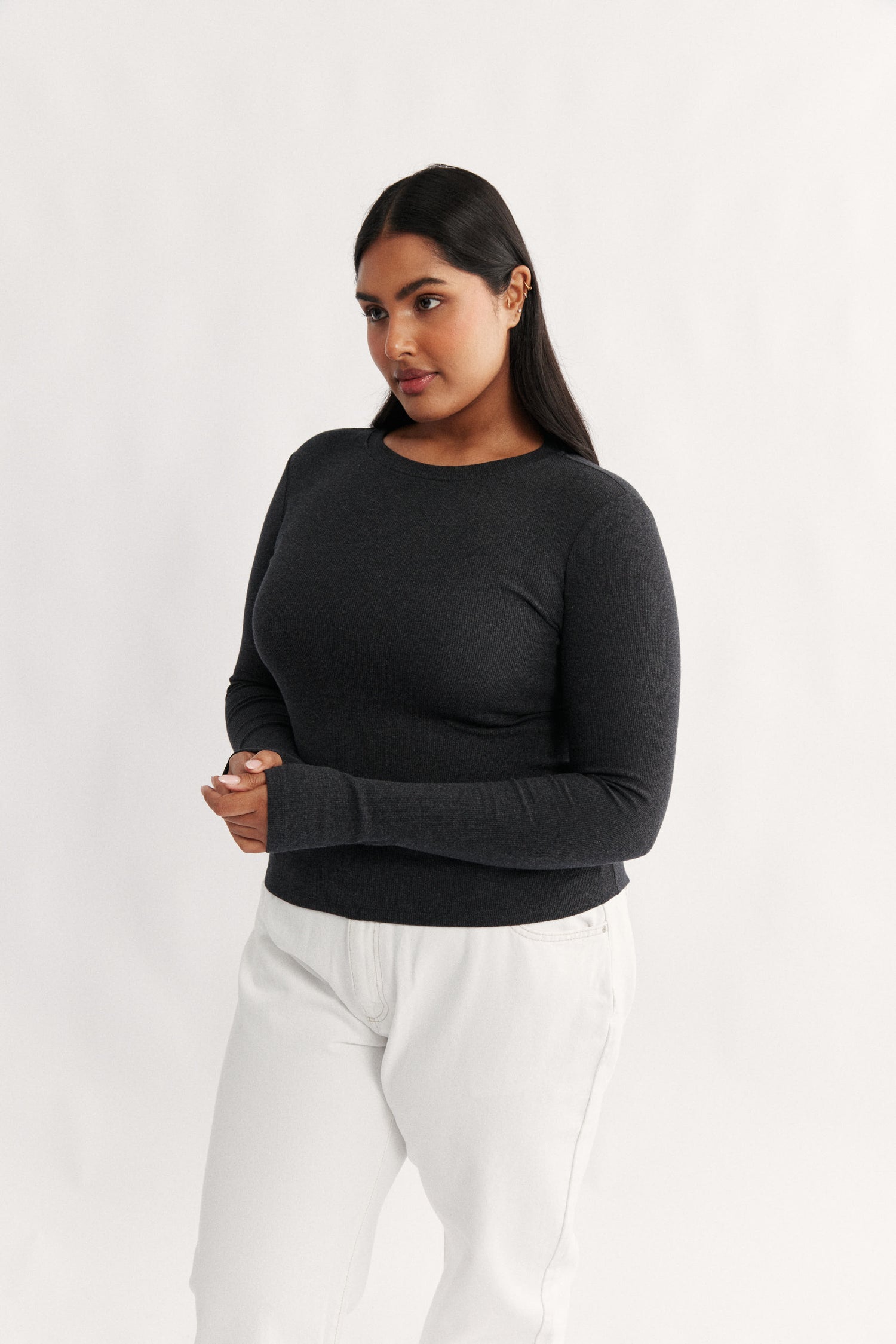 Carina Classic long sleeve top charcoal  marle cotton rib basic