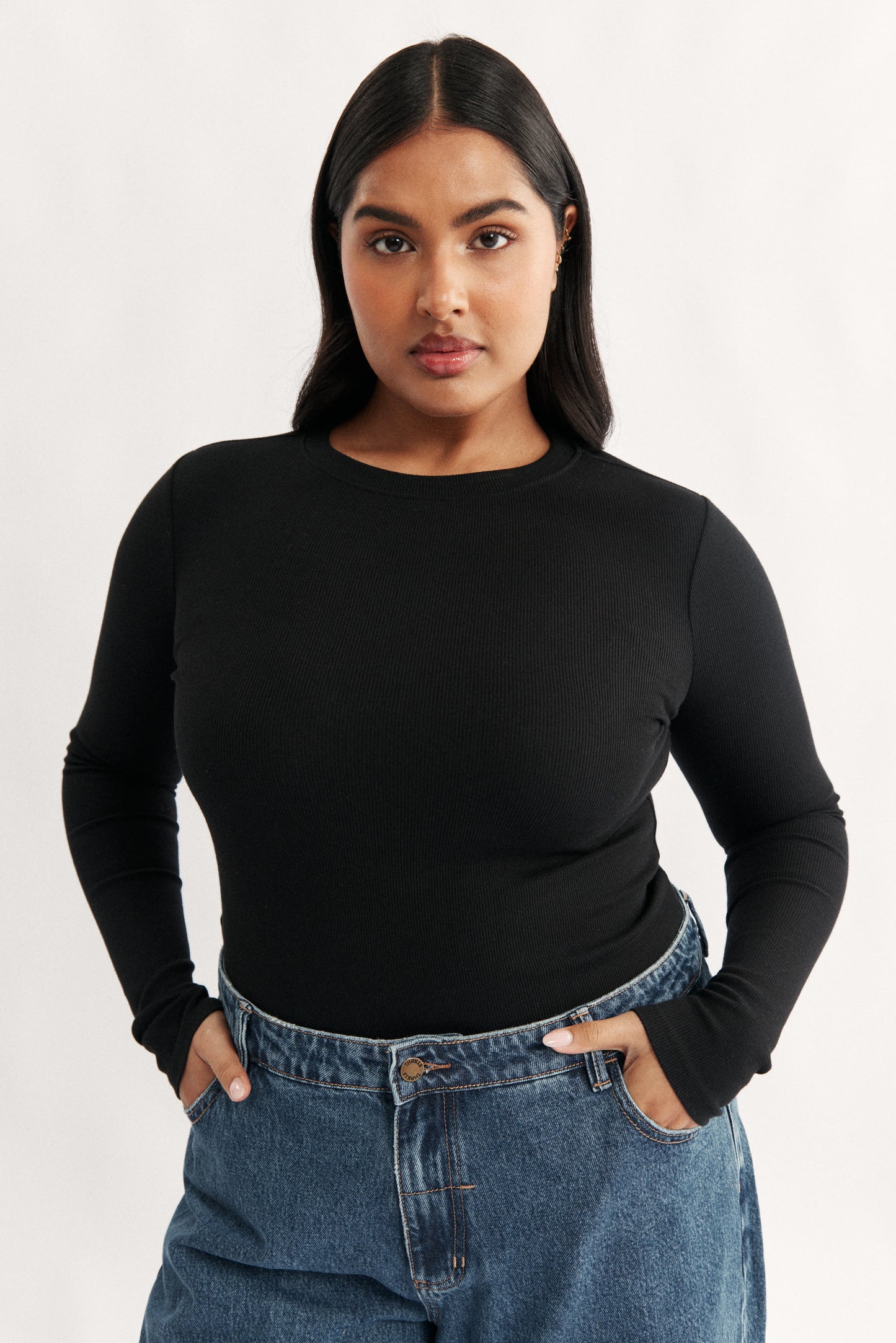 Carina Long Sleeve Black, womens cotton crew neck rib long sleeve top