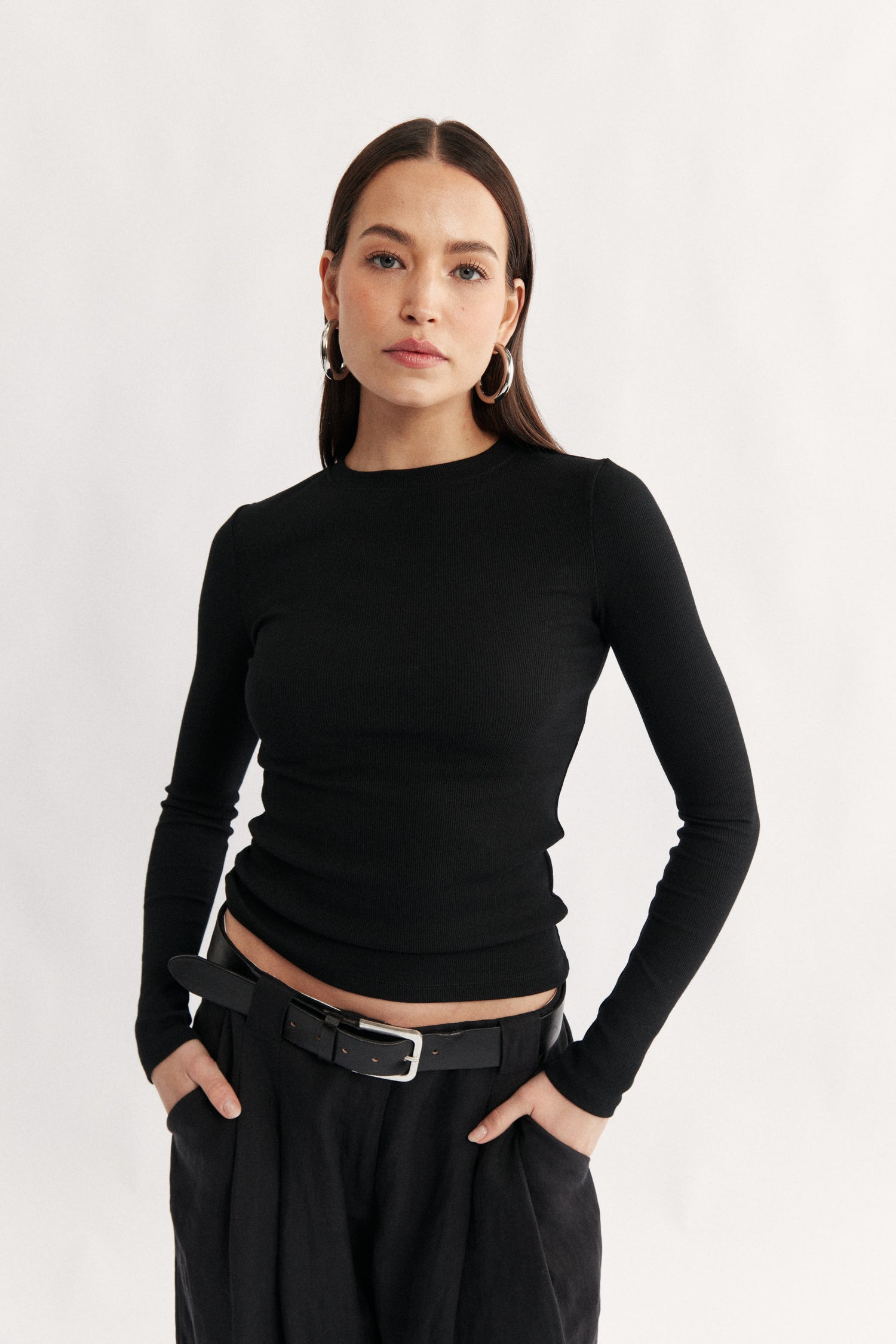 Carina Long Sleeve Black, womens cotton crew neck rib long sleeve top