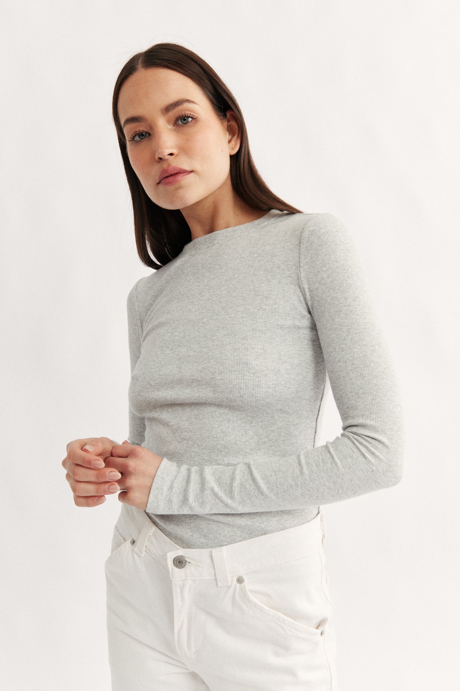 Carina classic long sleeve grey marle women's cotton rib long sleeve top