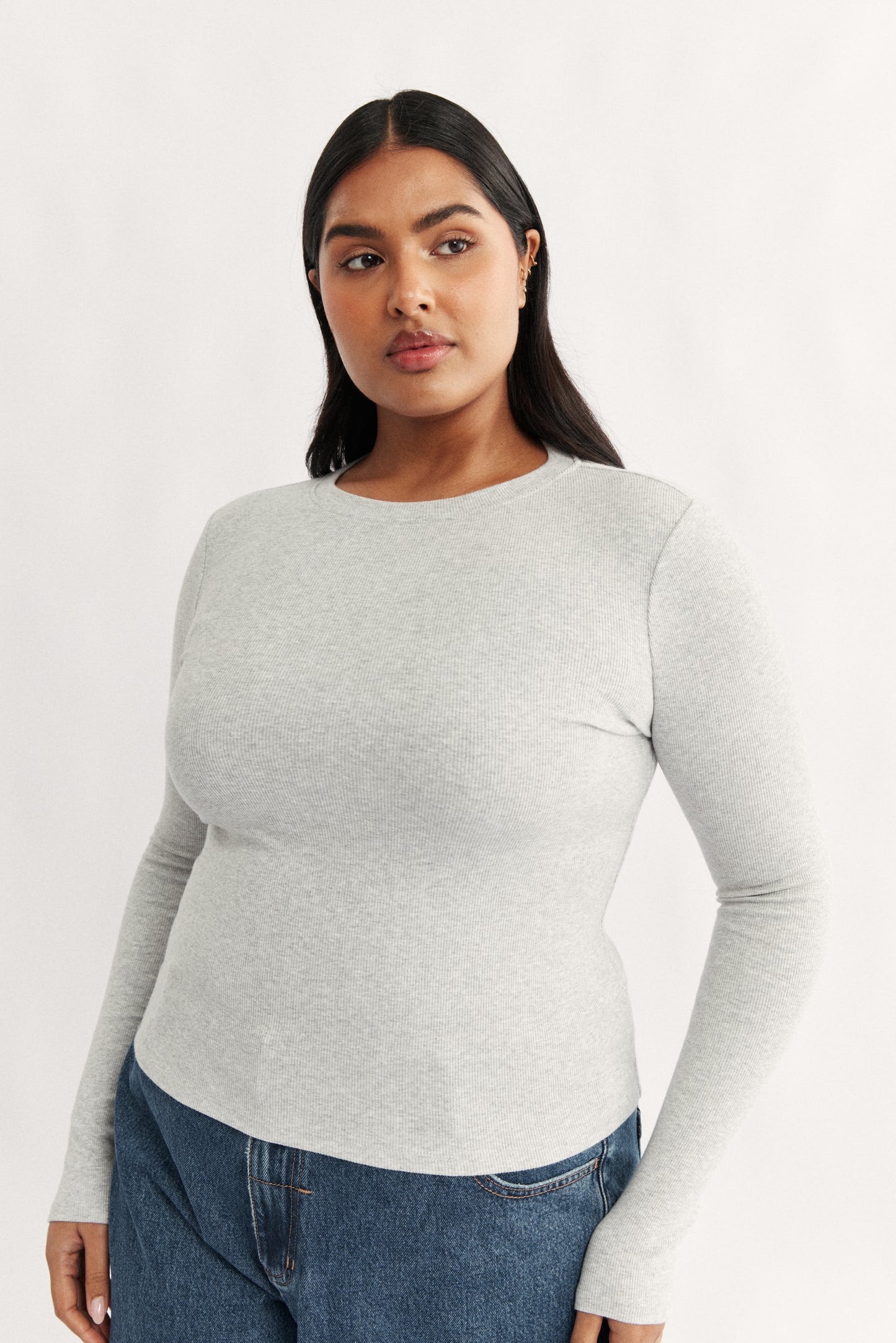 Carina classic long sleeve grey marle women's cotton rib long sleeve top