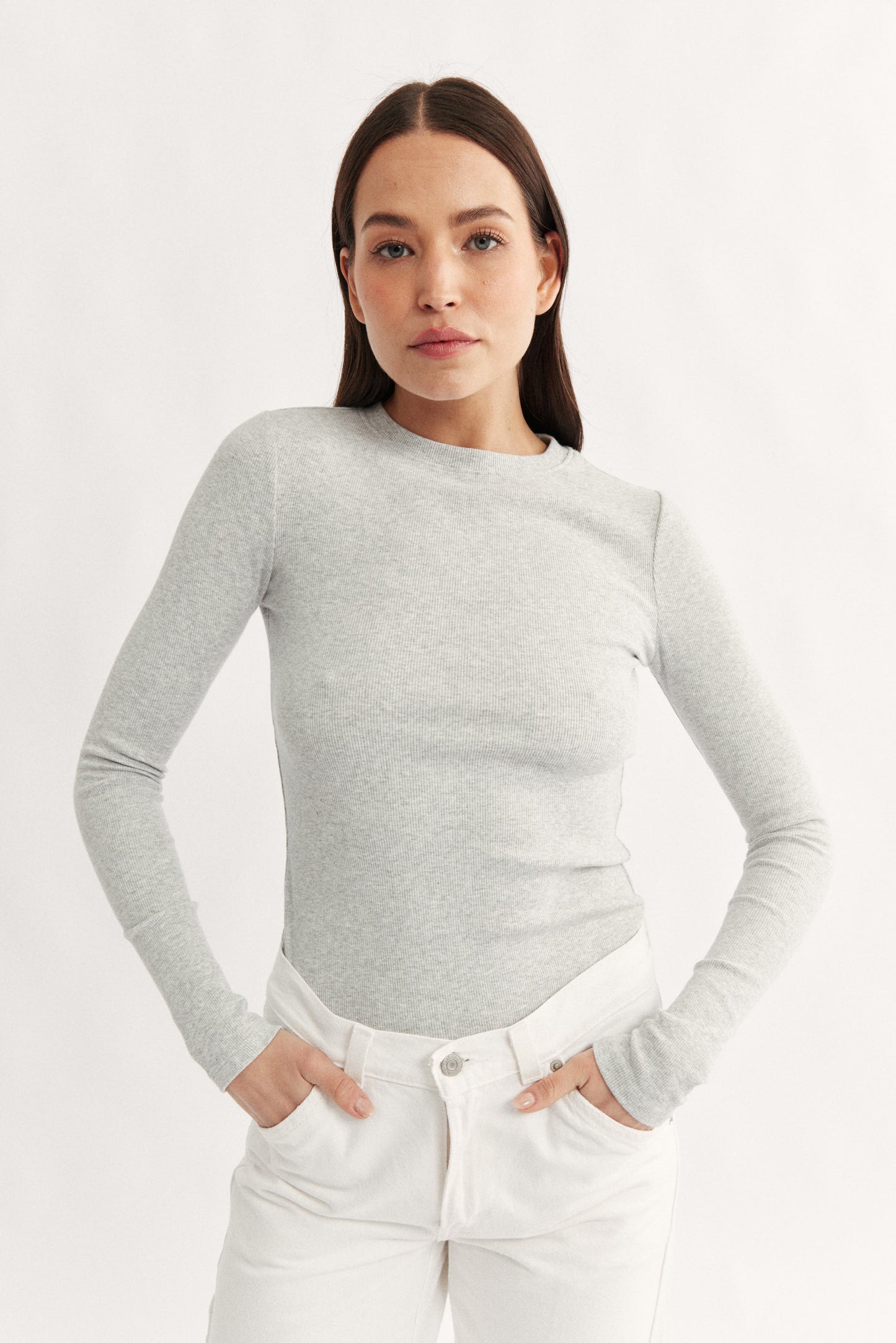 Carina classic long sleeve grey marle women's cotton rib long sleeve top