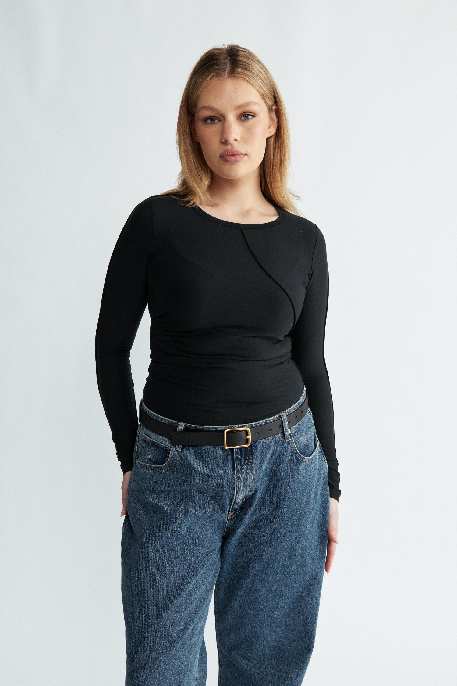 Womens black long sleeve seam detail top