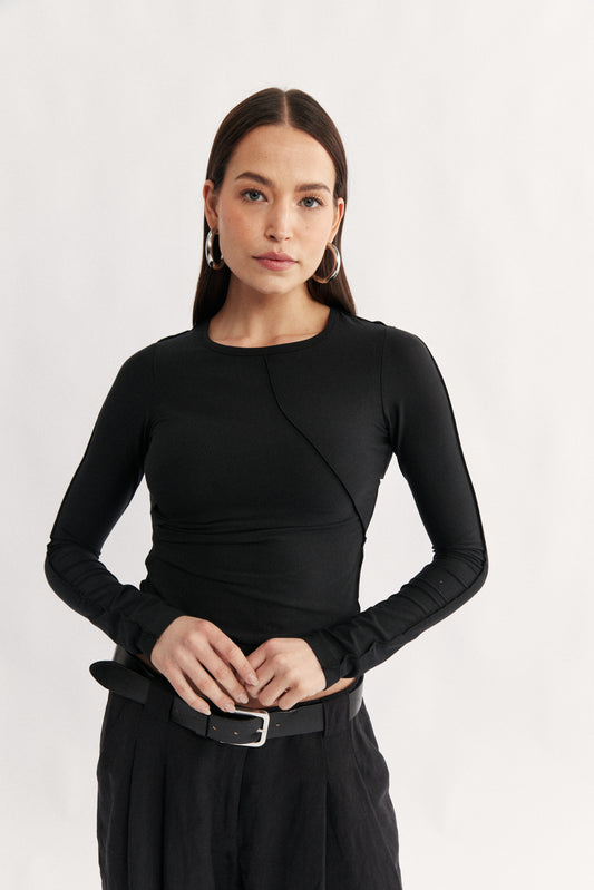 Womens black long sleeve seam detail top