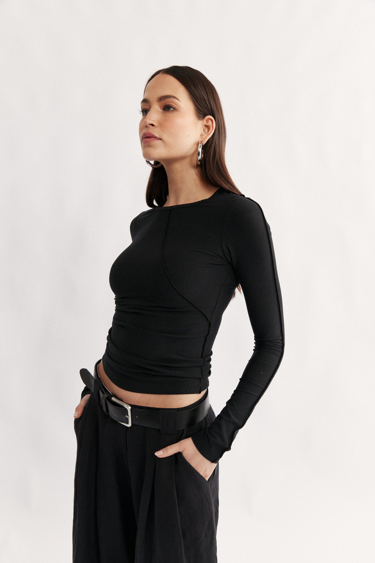 Womens black long sleeve seam detail top