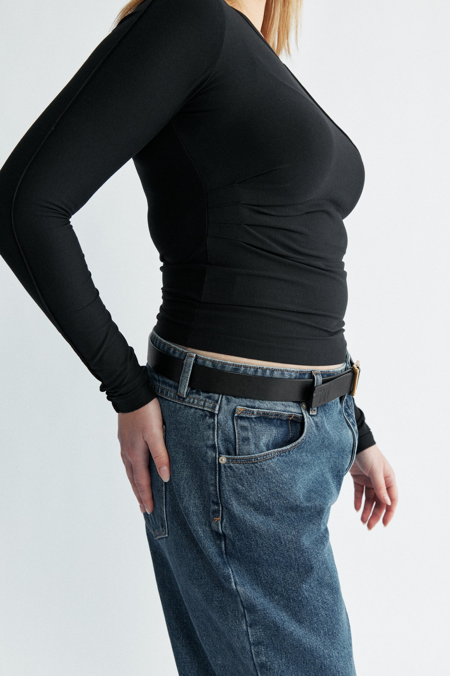 Womens black long sleeve seam detail top