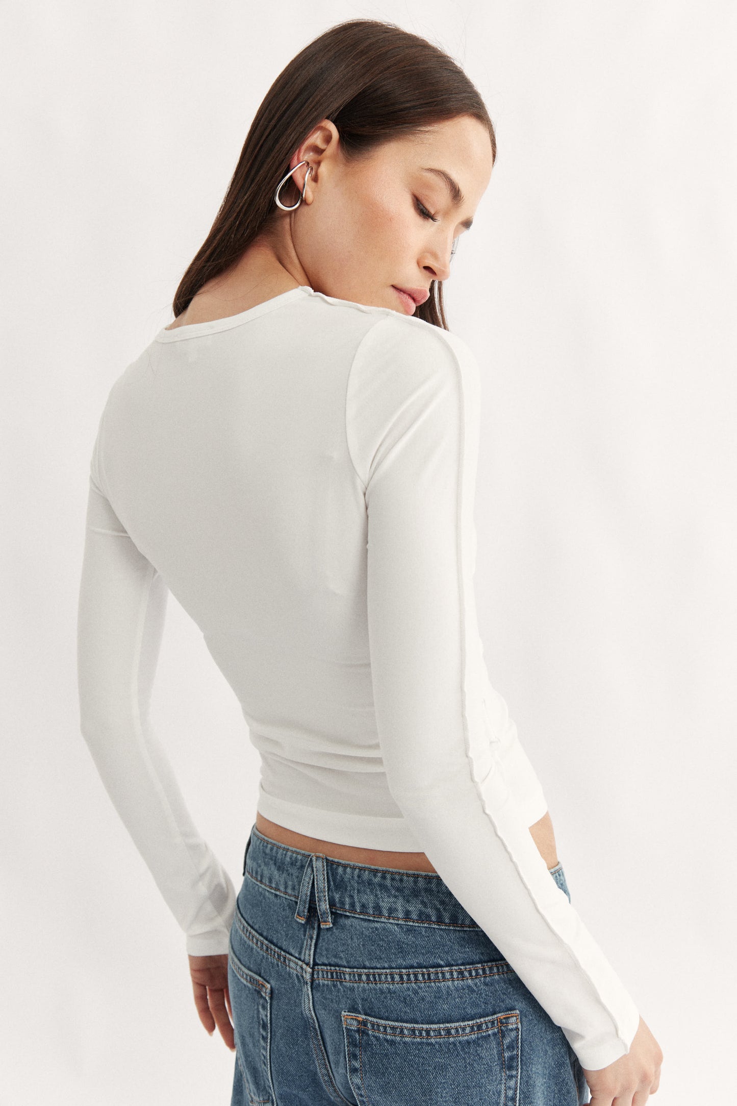 Womens white long sleeve seam detail top 