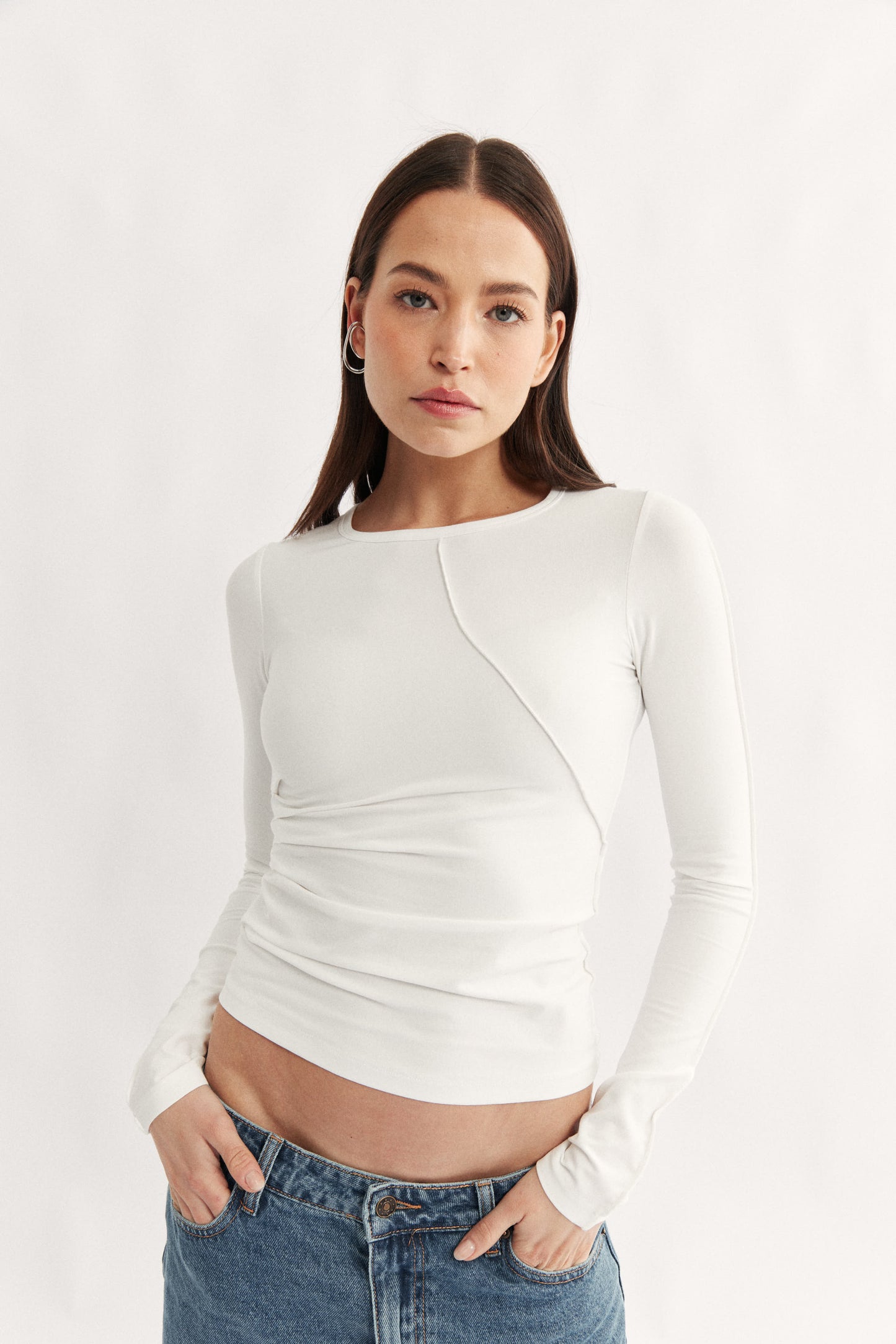 Womens white long sleeve seam detail top 