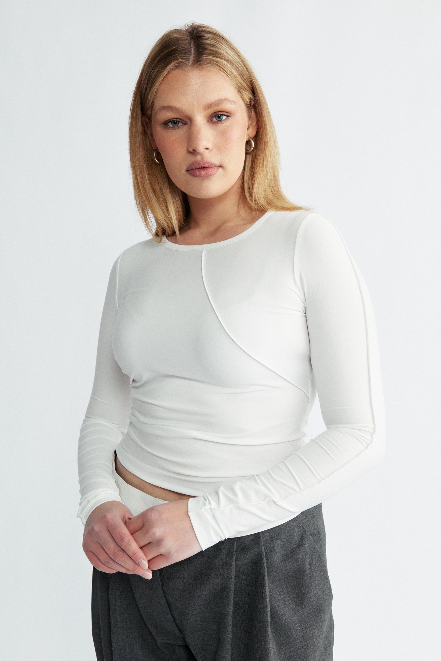 Womens white long sleeve seam detail top 