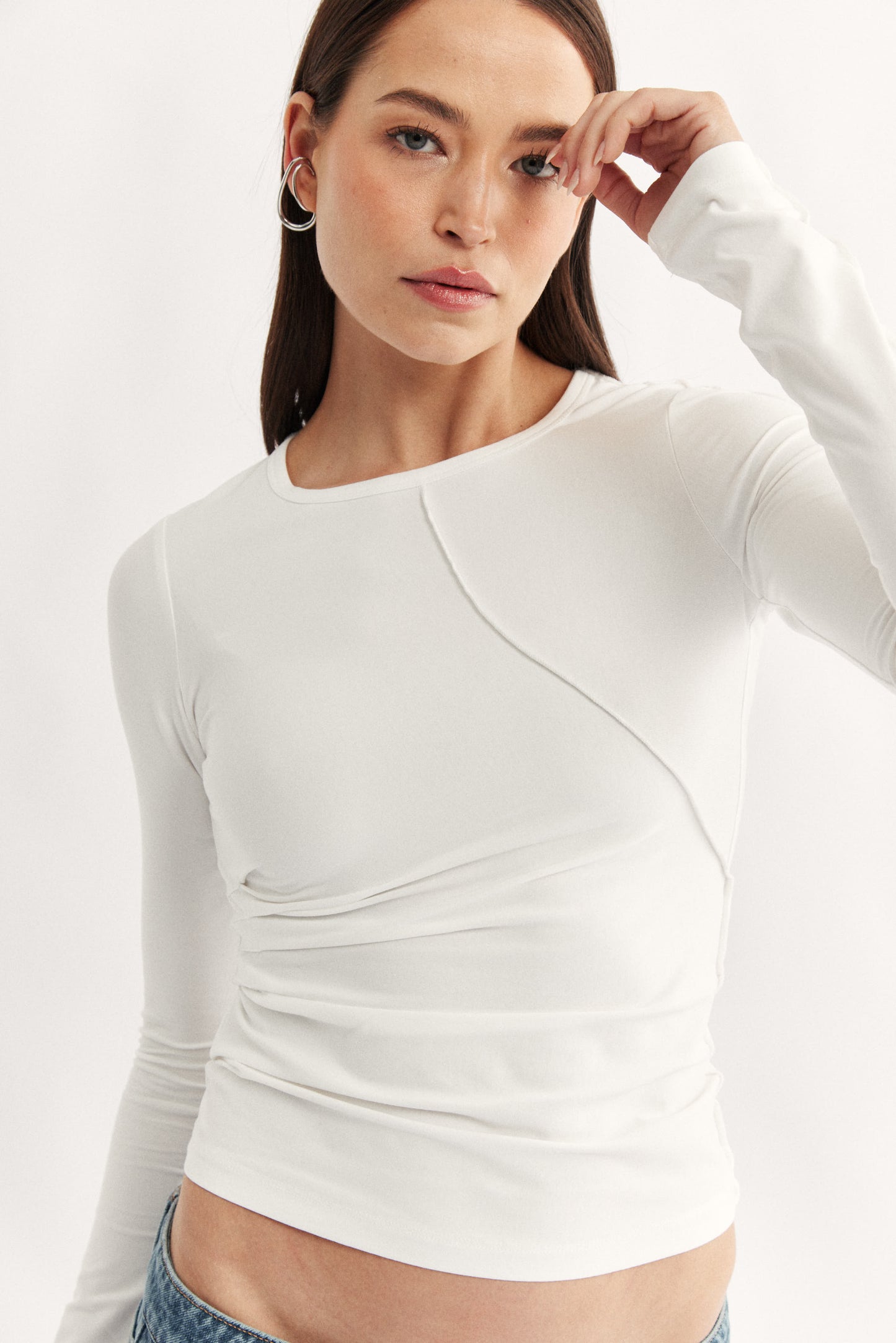 Womens white long sleeve seam detail top 