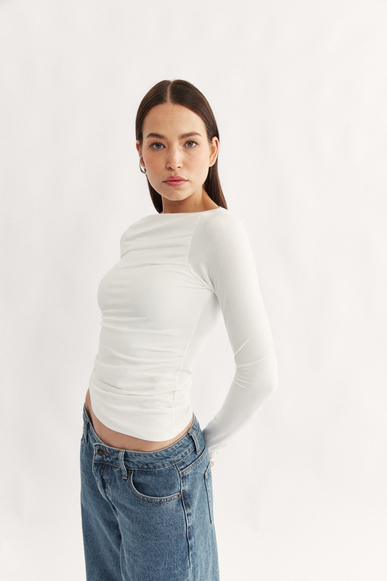 Womens boat neck white jersey long sleeve top