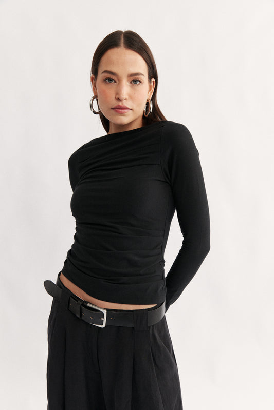 Womens black jersey boat neck long sleeve top