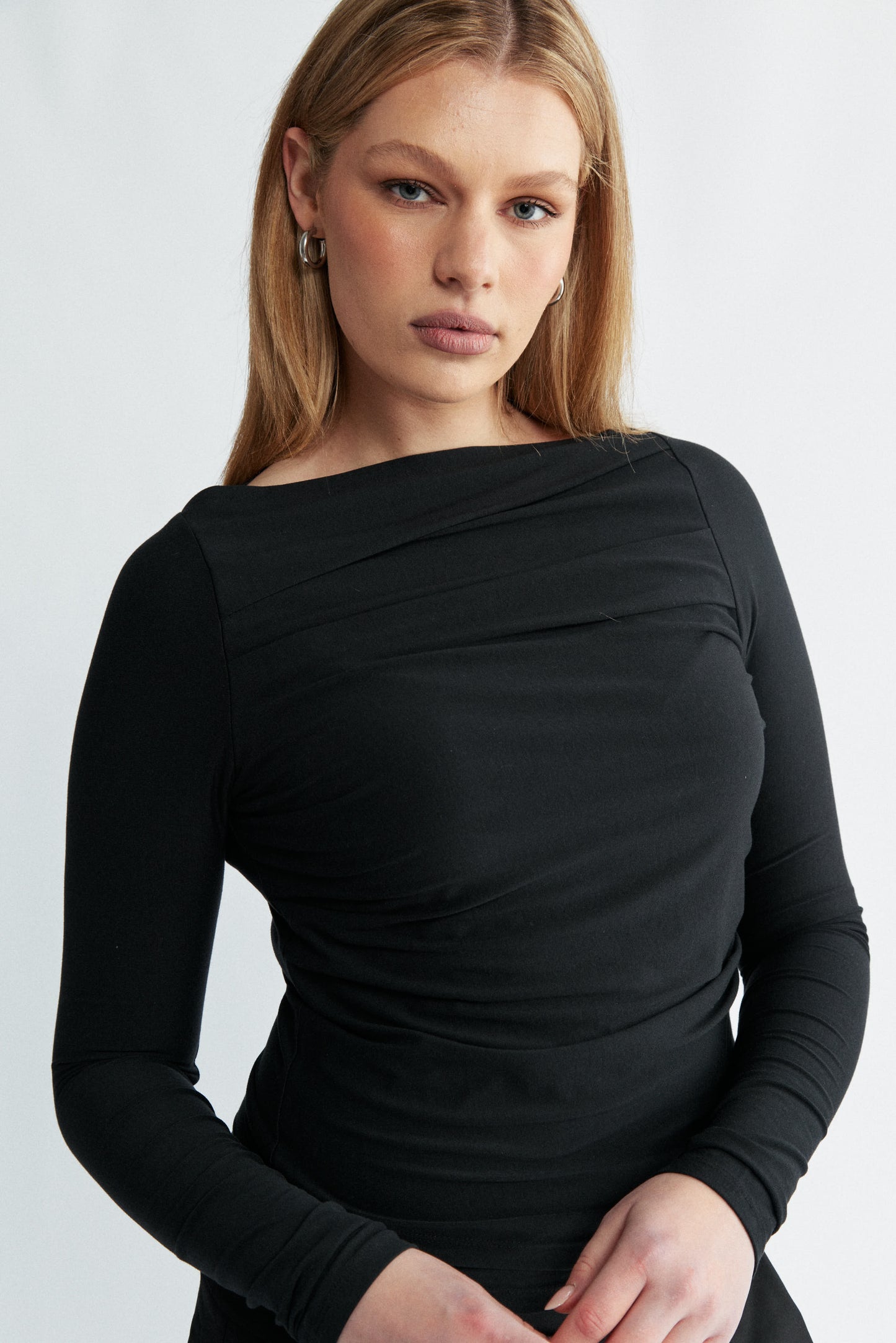 Womens black jersey boat neck long sleeve top