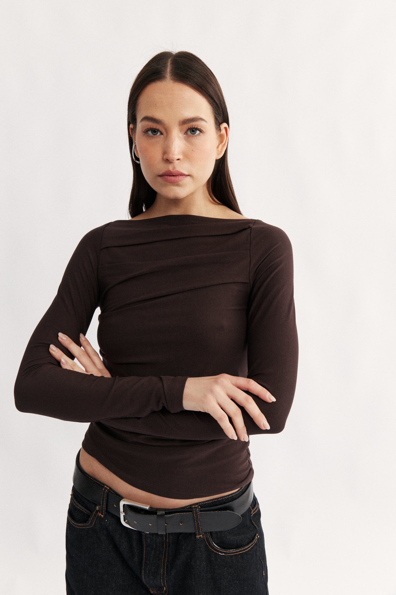 Womens brown boat neck long sleeve jersey top