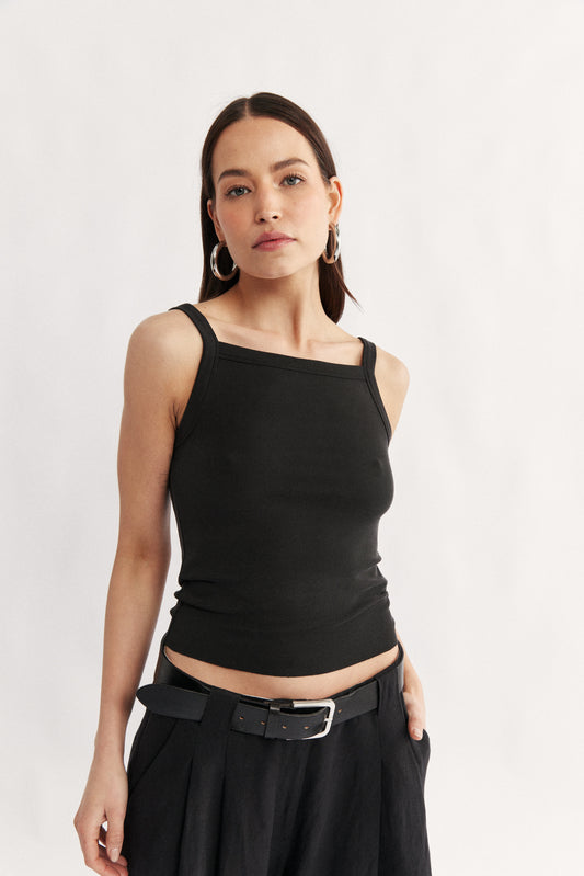 Womens square neck tank black rib