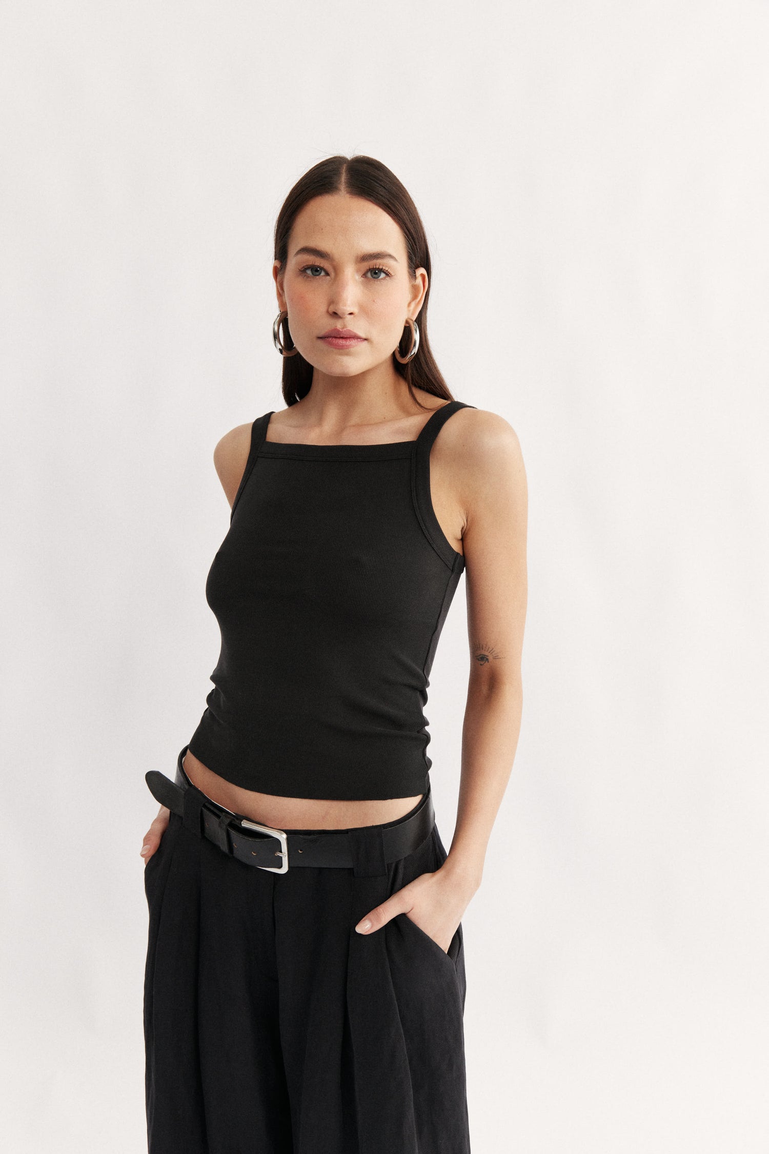 Womens square neck tank black rib