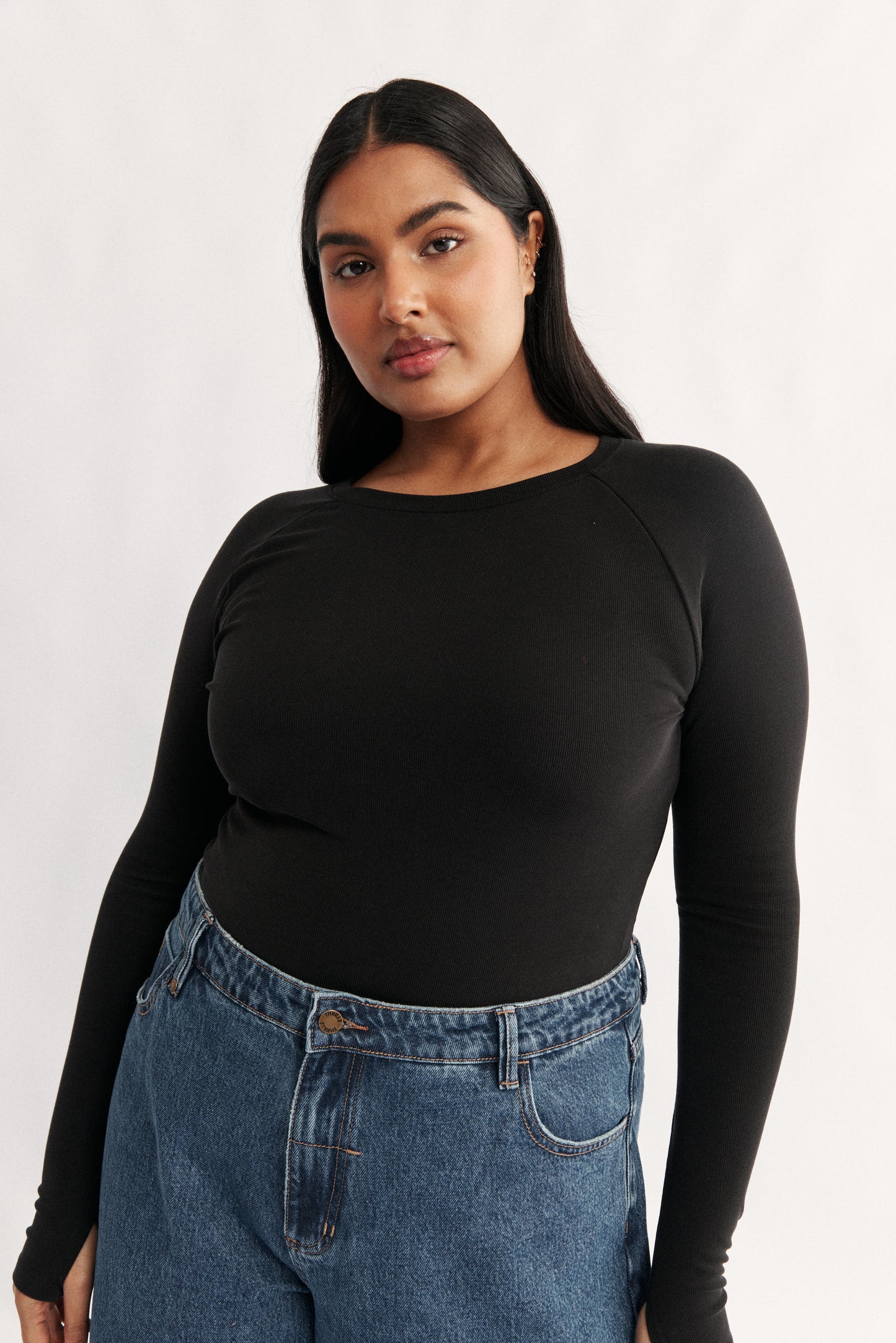 Womens ribbed black raglan long sleeve