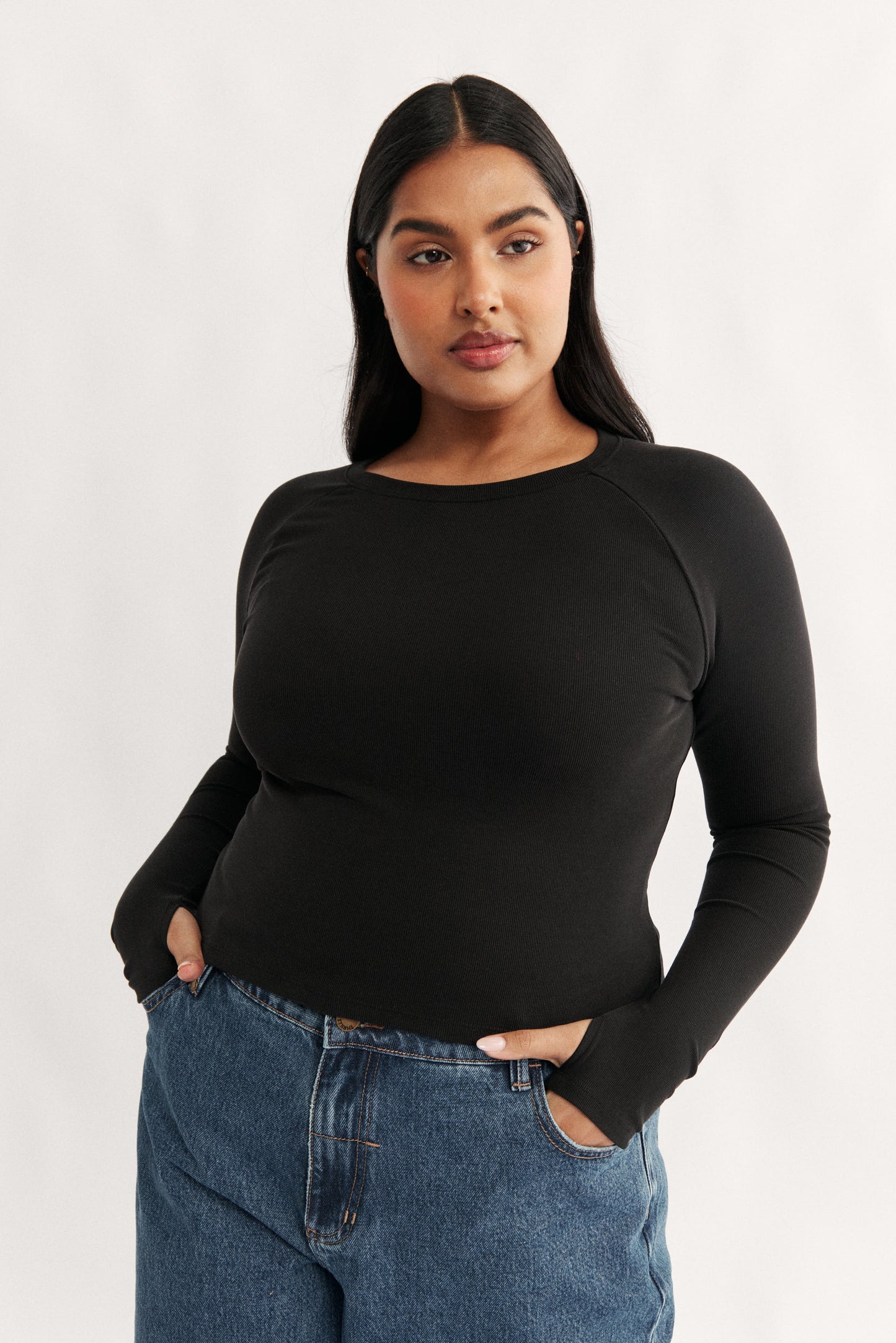 Womens ribbed black raglan long sleeve