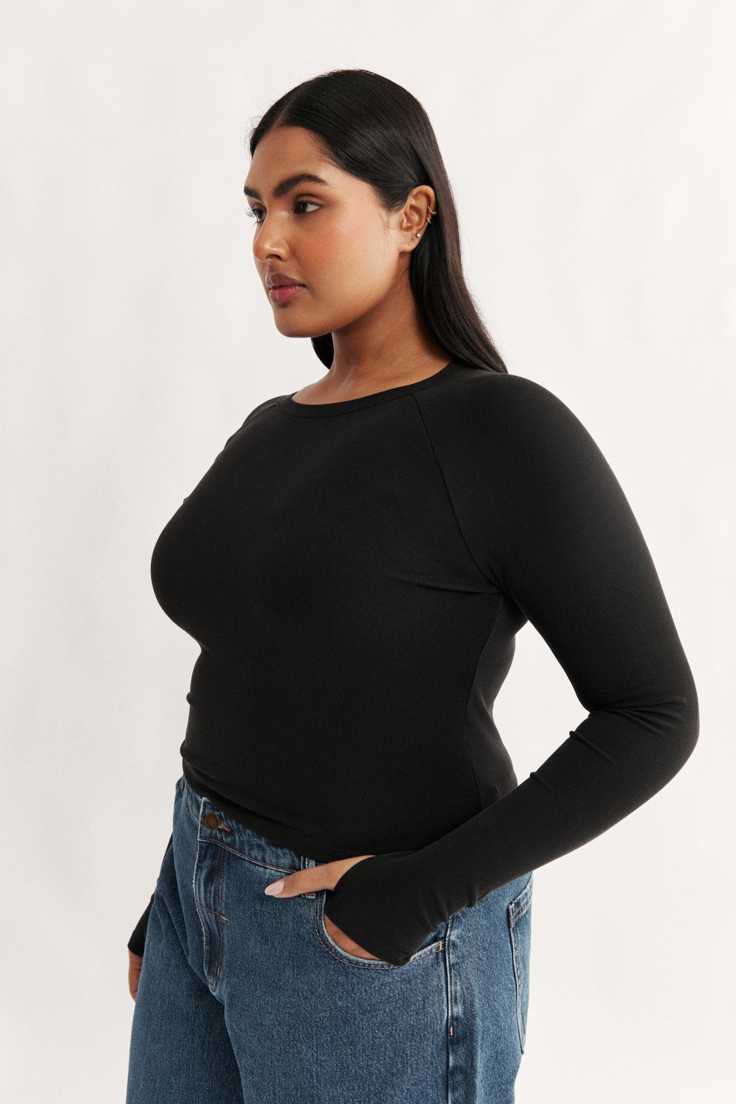 Womens ribbed black raglan long sleeve