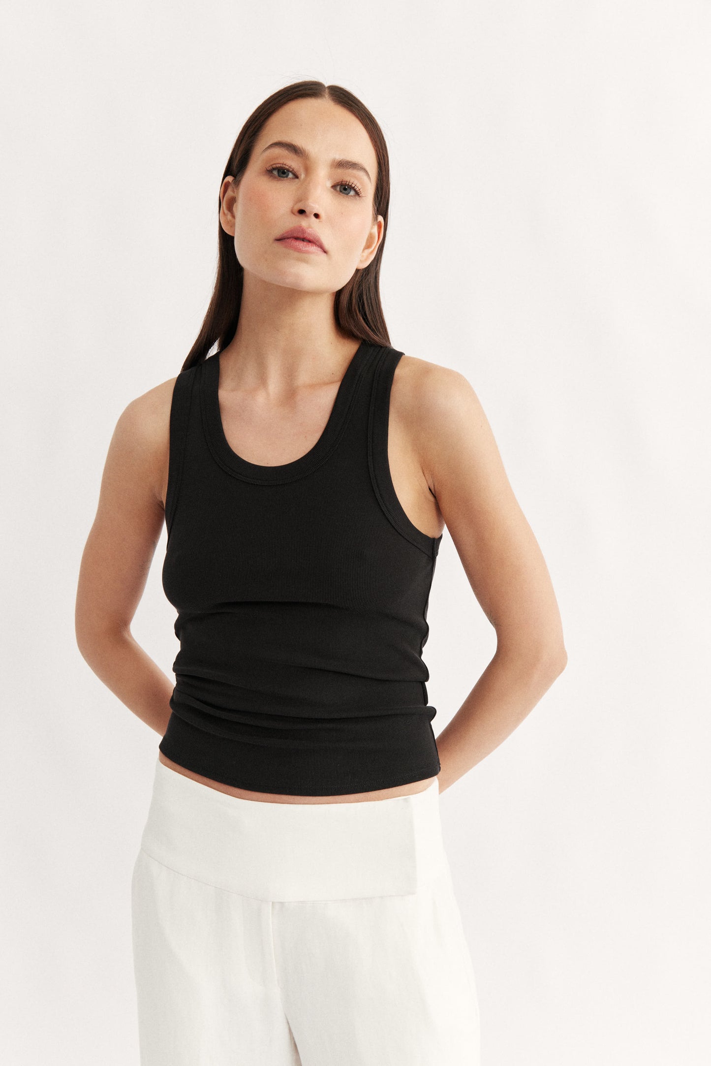 Womens black cotton rib racer tank