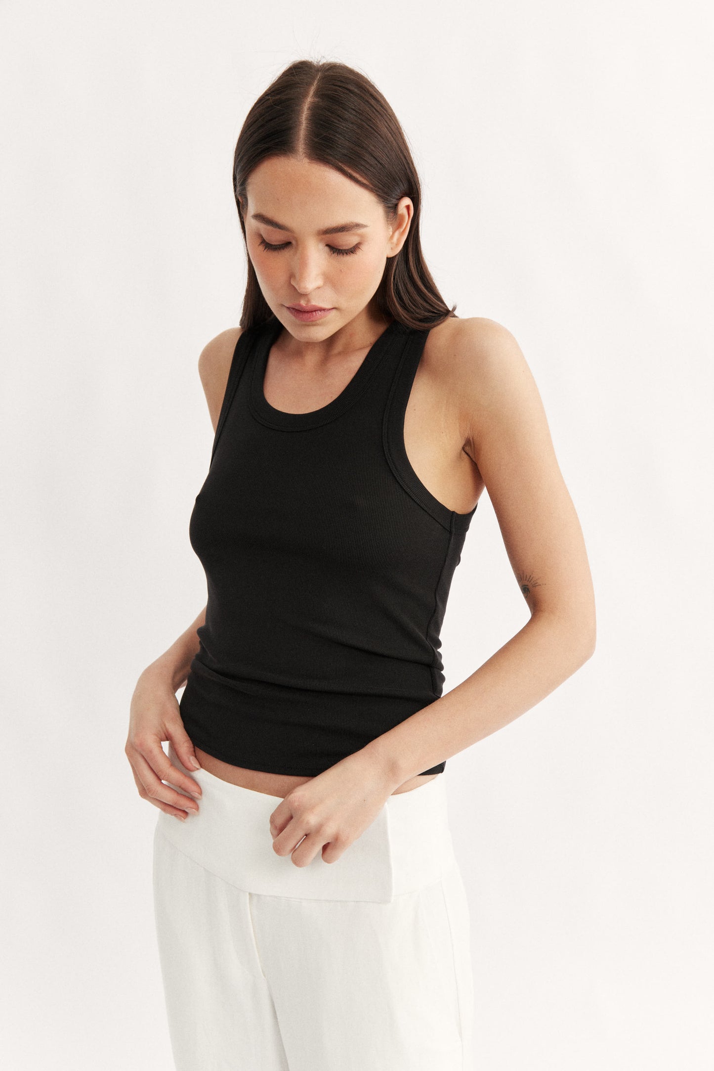 Womens black cotton rib racer tank