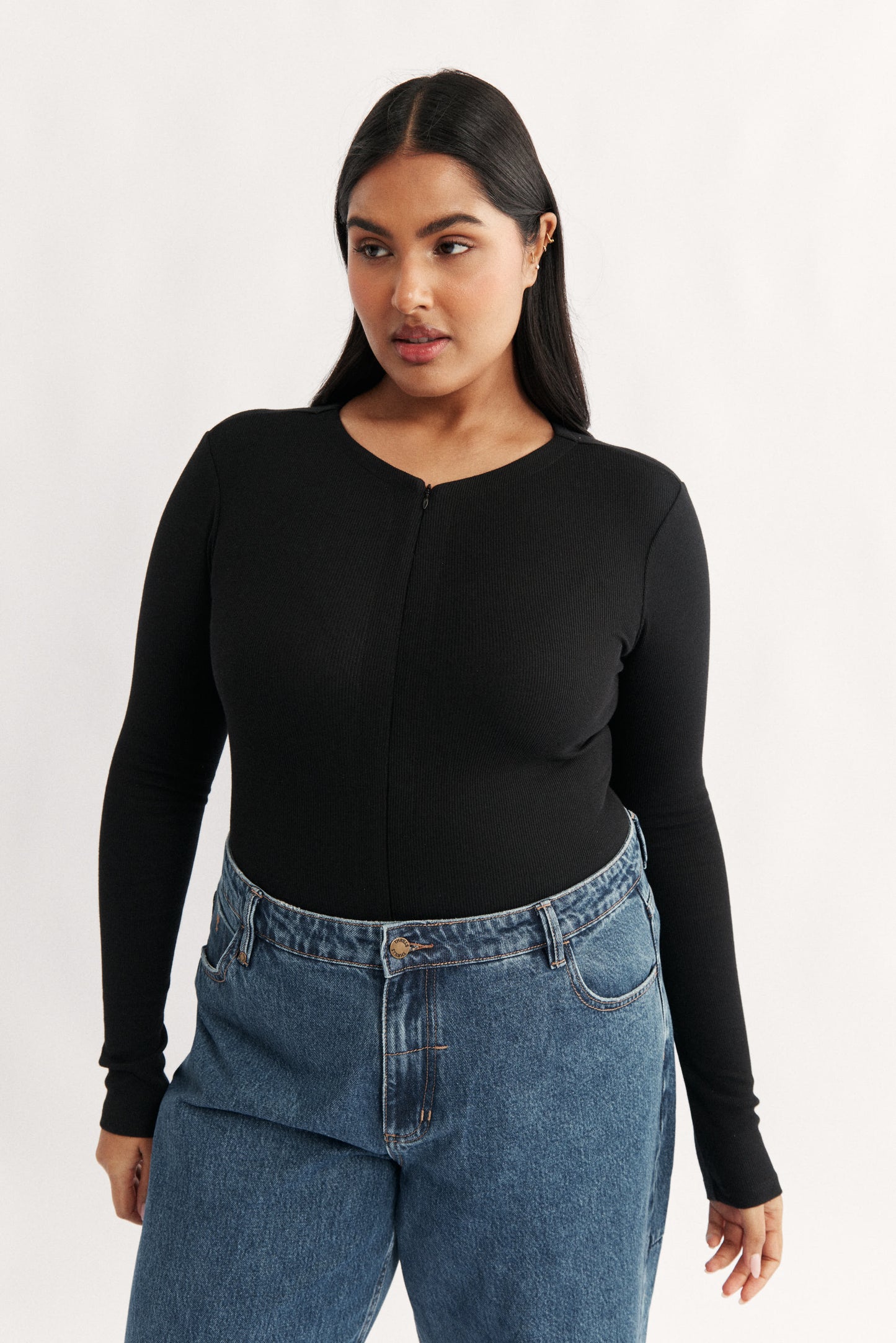 Primi Chiara bodysuit black stretch ribbed long sleeves zip opening