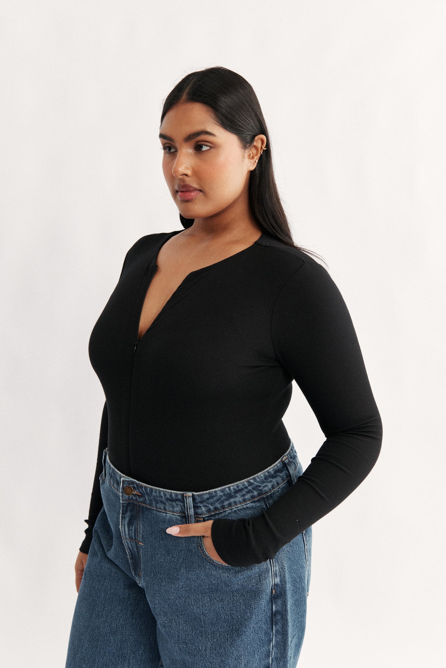 Primi Chiara bodysuit black stretch ribbed long sleeves zip opening